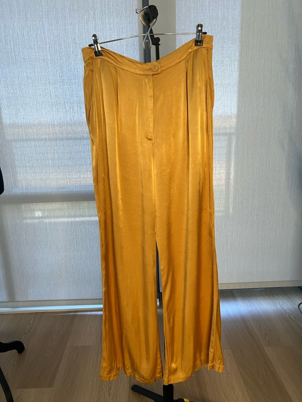 Corey Lynn Calter Wide-Leg Satin Pants in Mustard Gold
